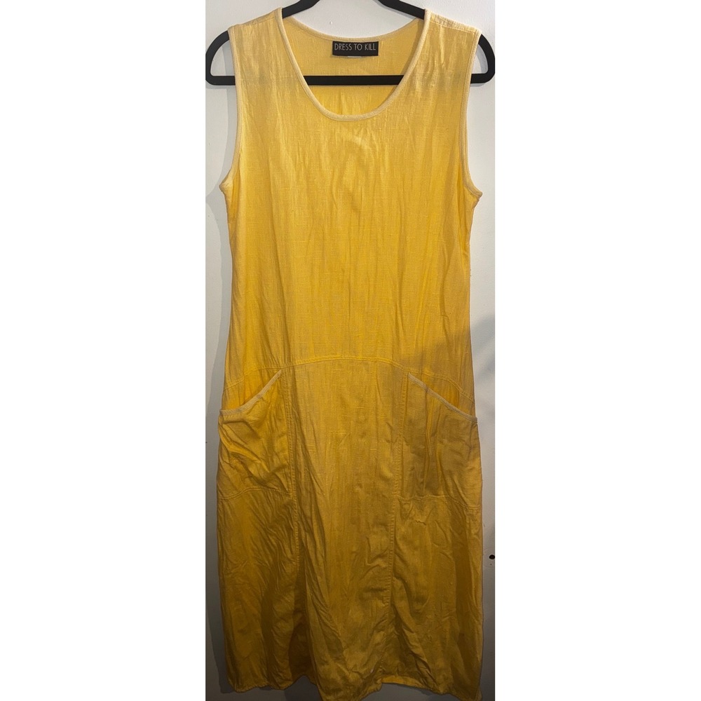 Dress To Kill OS L Yellow 100% Linen Sleeveless Lagenlook Midi Dress Pocketed